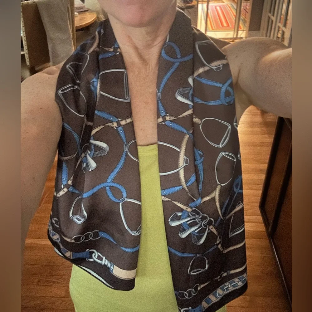 J. McLAUGHLIN Beautiful, extra large silky, equestrian print, brown & blue wrap.